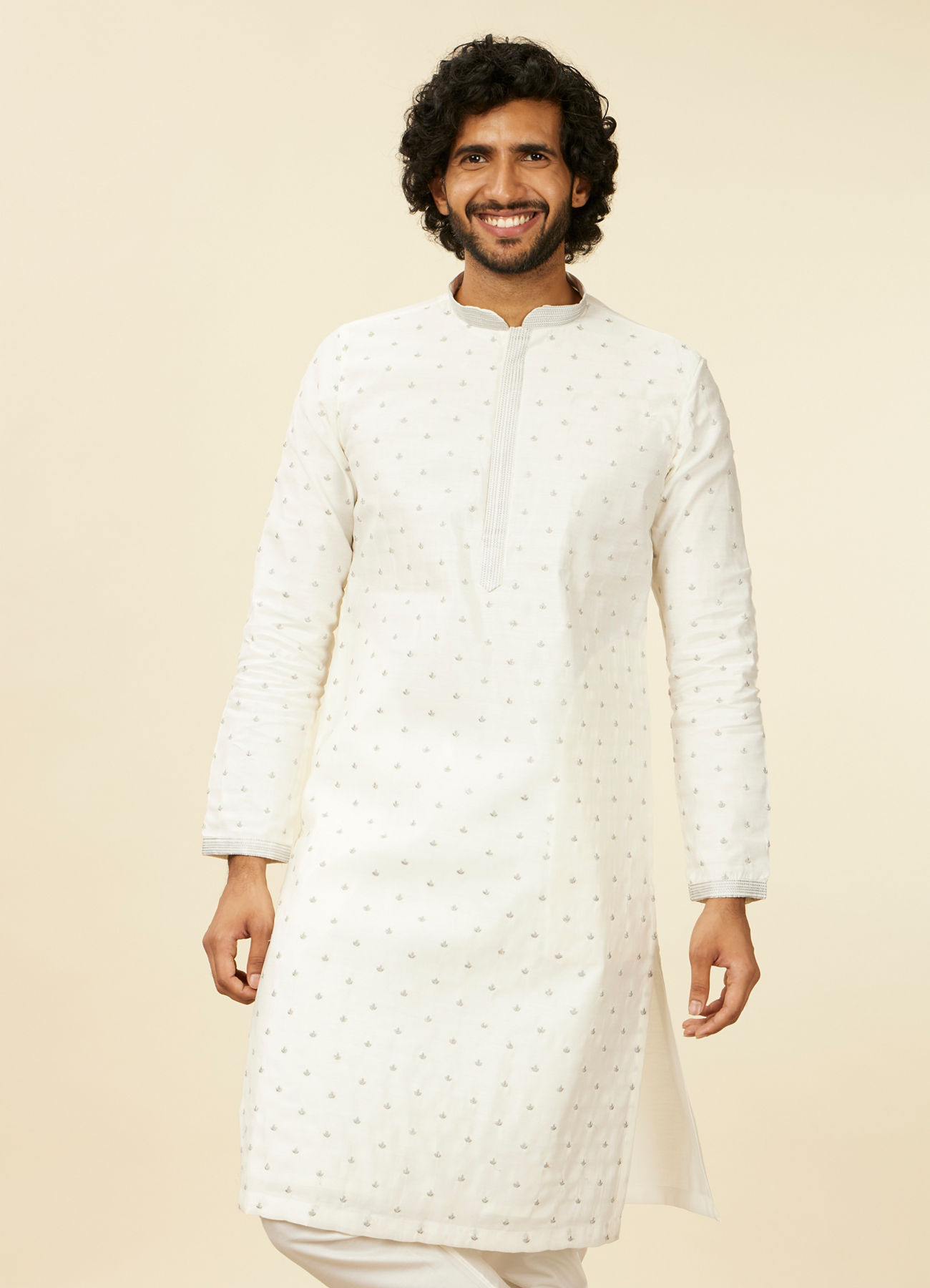 Manyavar Men Warm White Light Grey Kurta Set