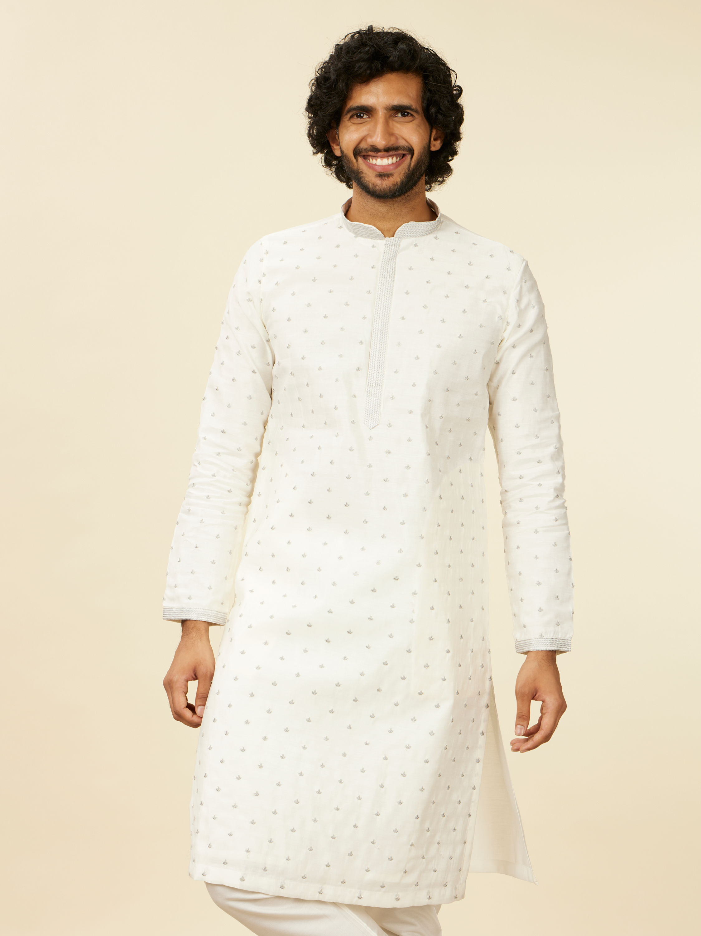 Manyavar Men Warm White Light Grey Kurta Set
