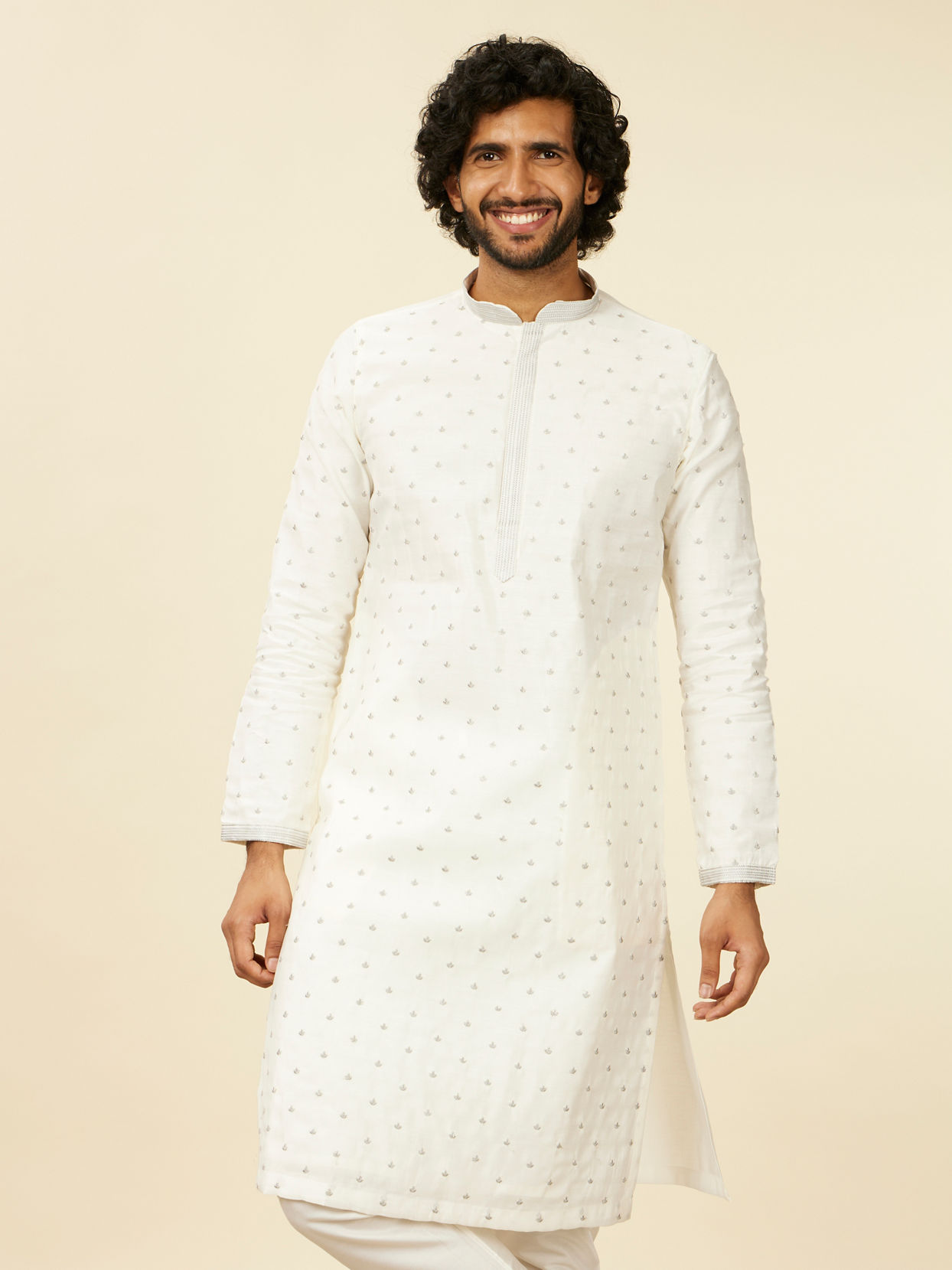 Manyavar Men Warm White Light Grey Kurta Set