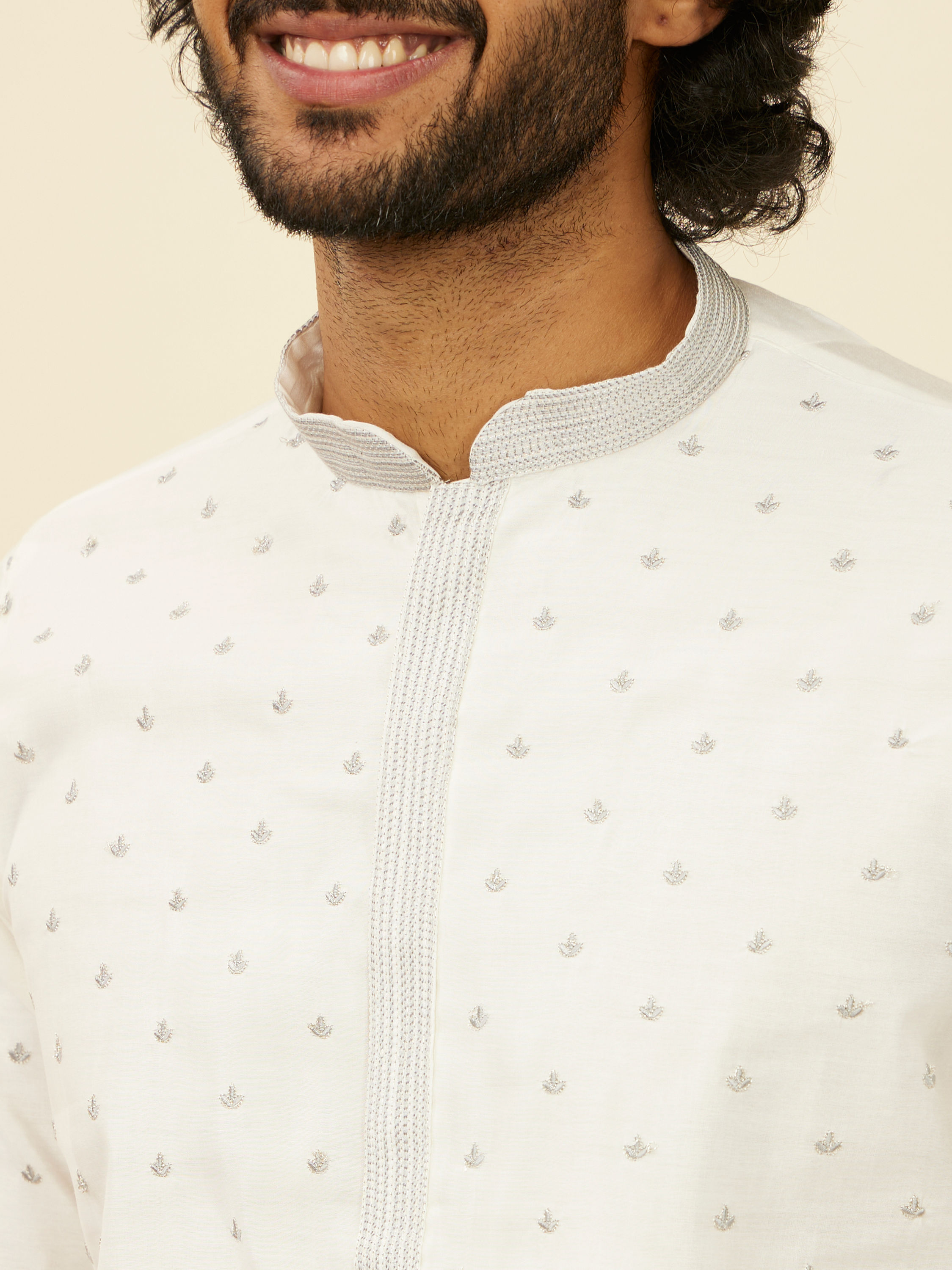 Manyavar Men Warm White Light Grey Kurta Set