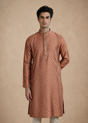 Manyavar Men Brown Blended Viscose Kurta Pajama with Print