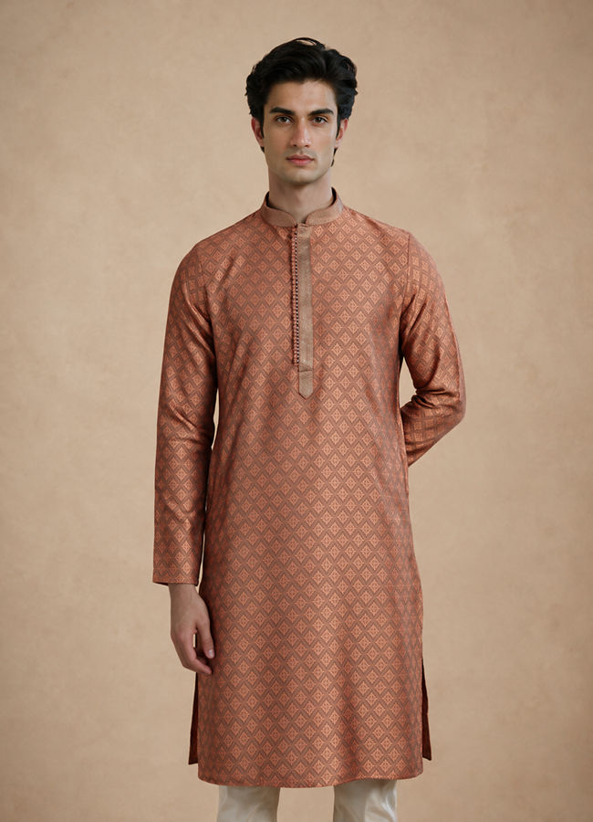 Manyavar Men Brown Blended Viscose Kurta Pajama with Print