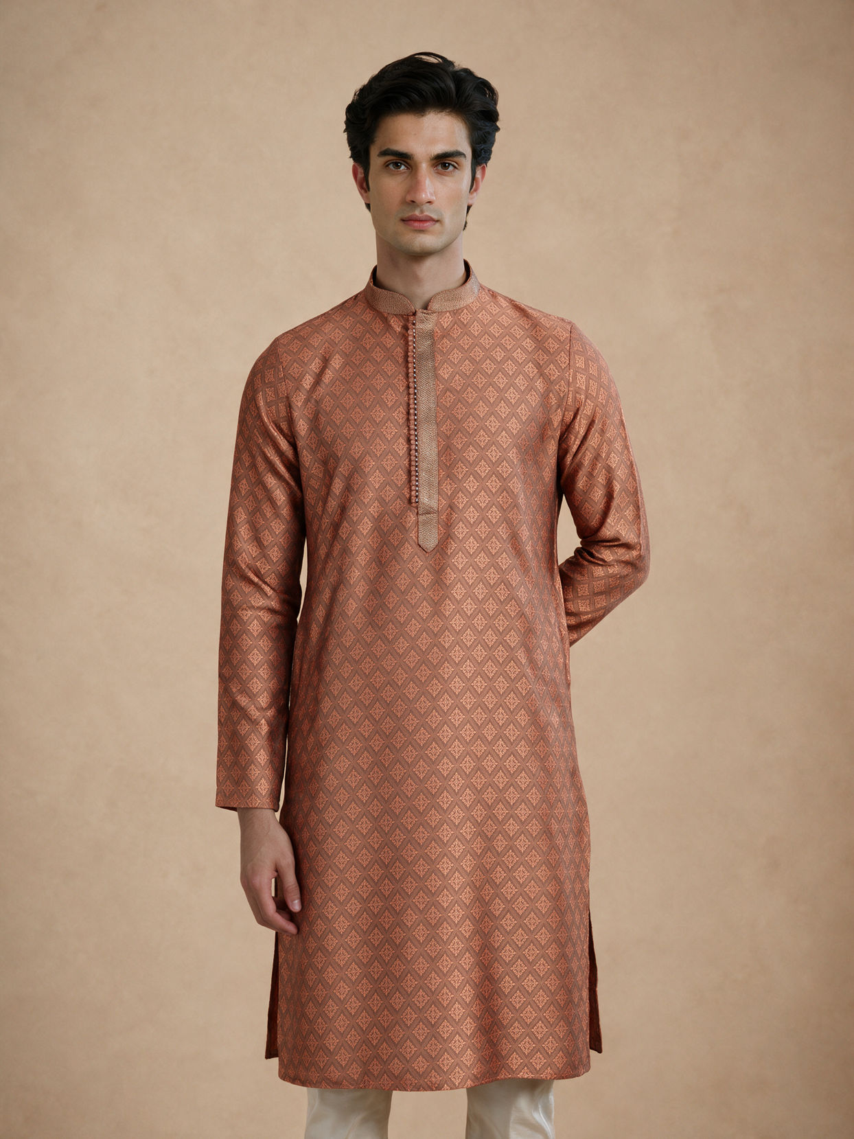 Manyavar Men Brown Blended Viscose Kurta Pajama with Print