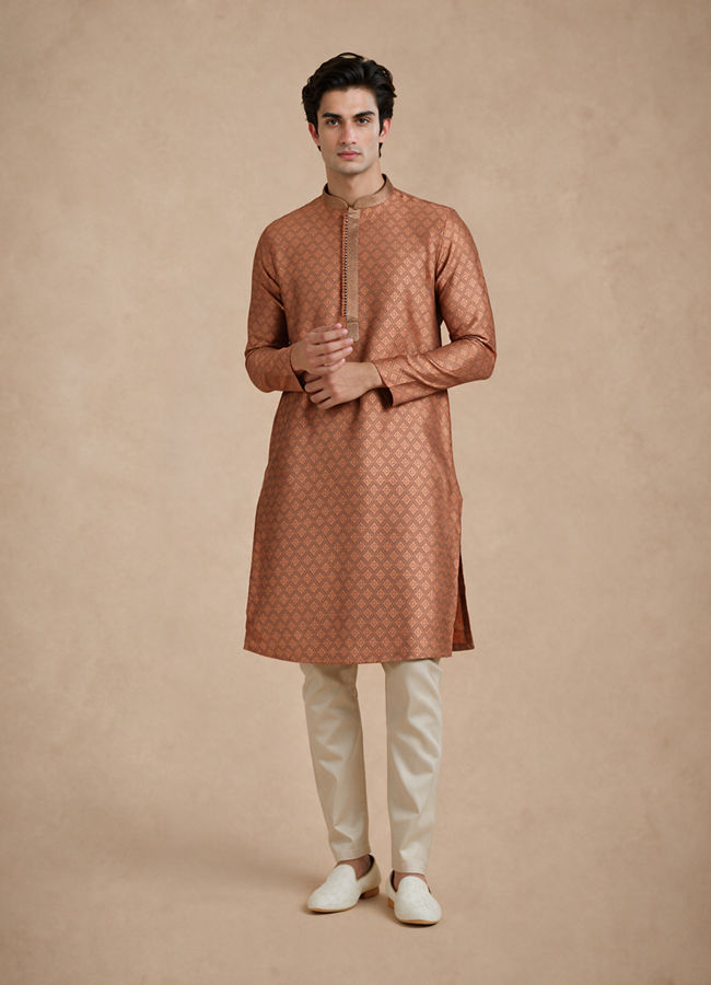 Manyavar Men Brown Blended Viscose Kurta Pajama with Print