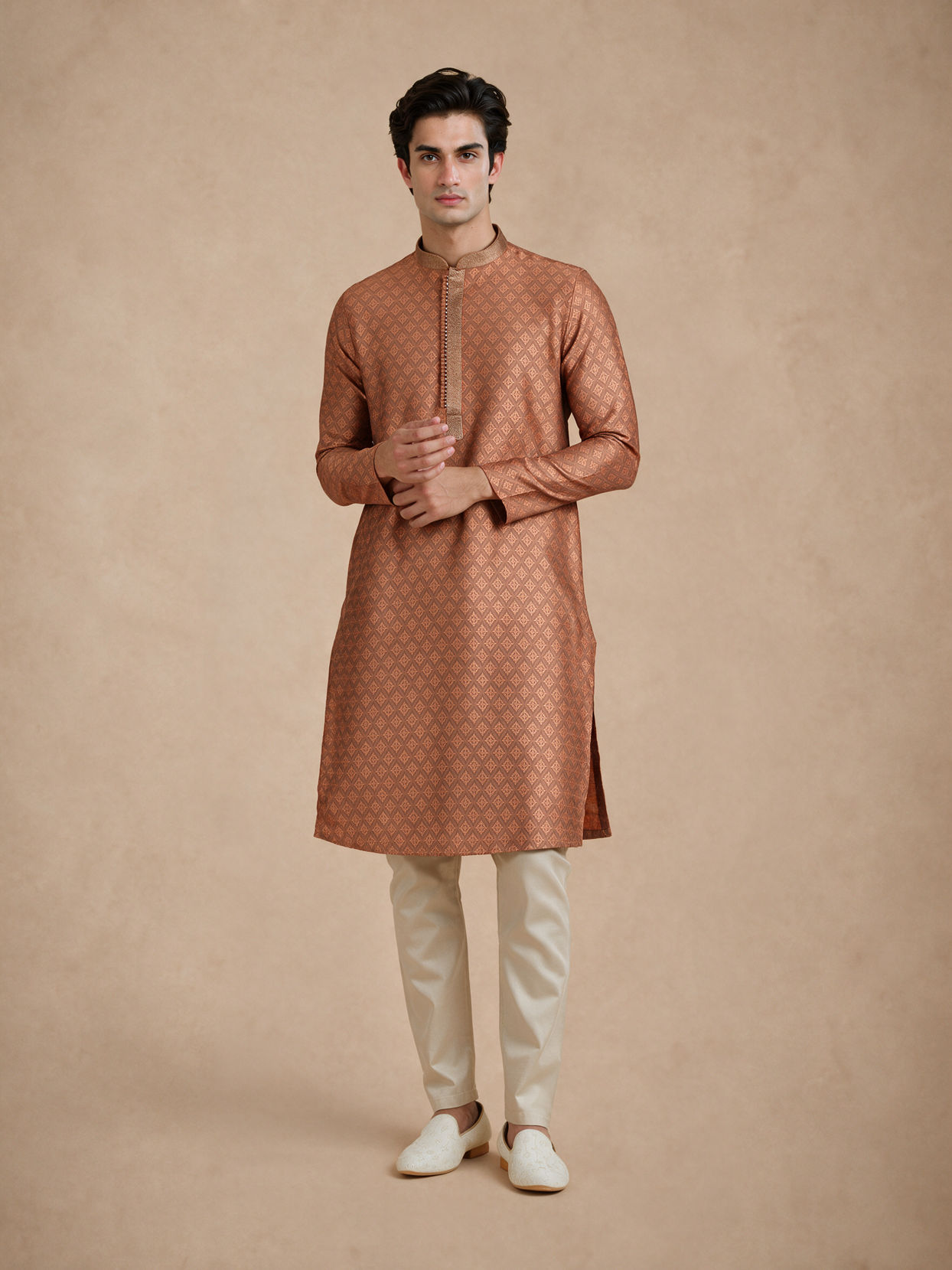 Manyavar Men Brown Blended Viscose Kurta Pajama with Print