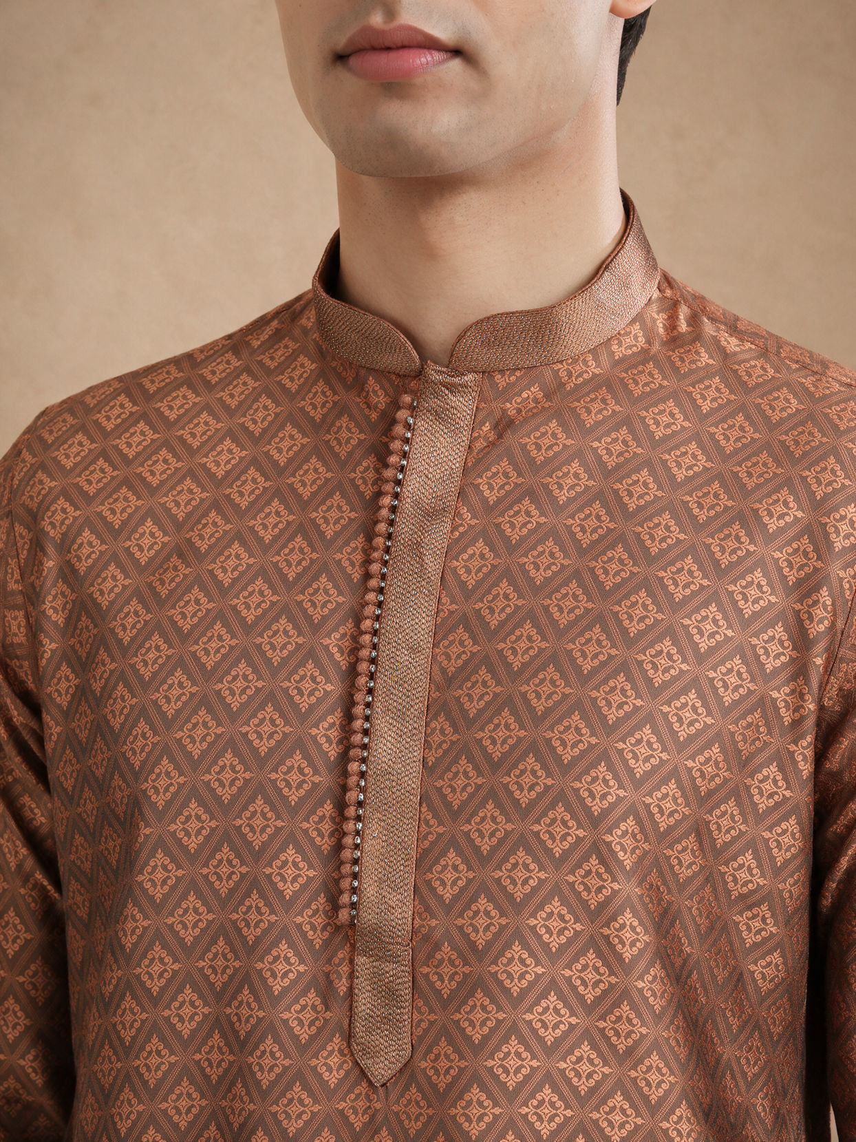 Manyavar Men Brown Blended Viscose Kurta Pajama with Print