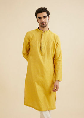 Manyavar Men Mustard Yellow Buta Diamond Patterned Kurta Set