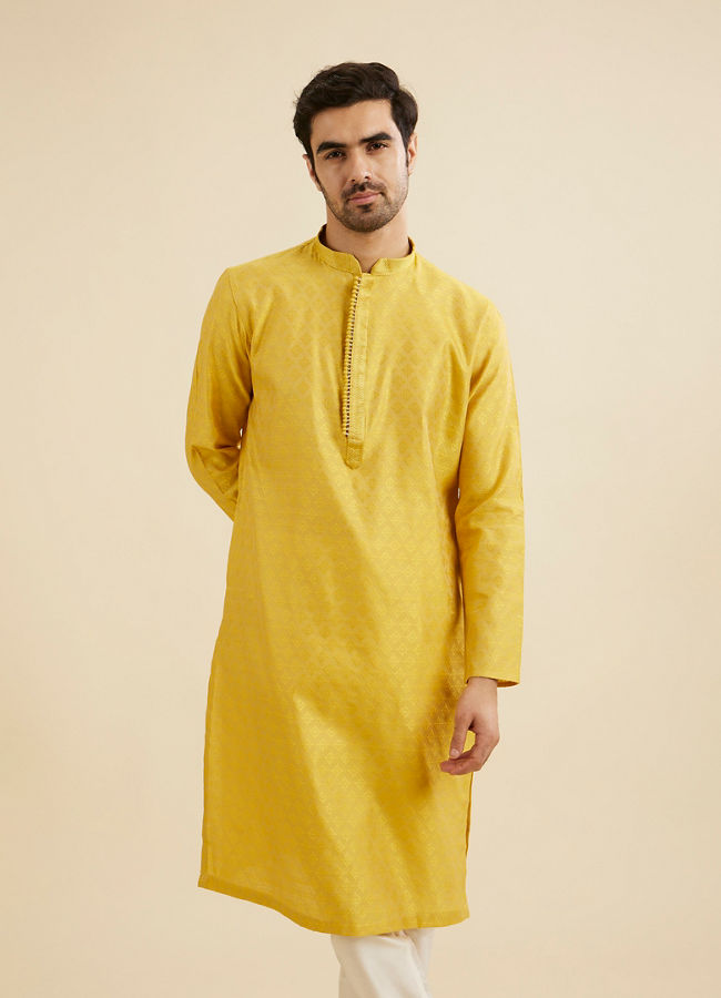 Manyavar Men Mustard Yellow Buta Diamond Patterned Kurta Set