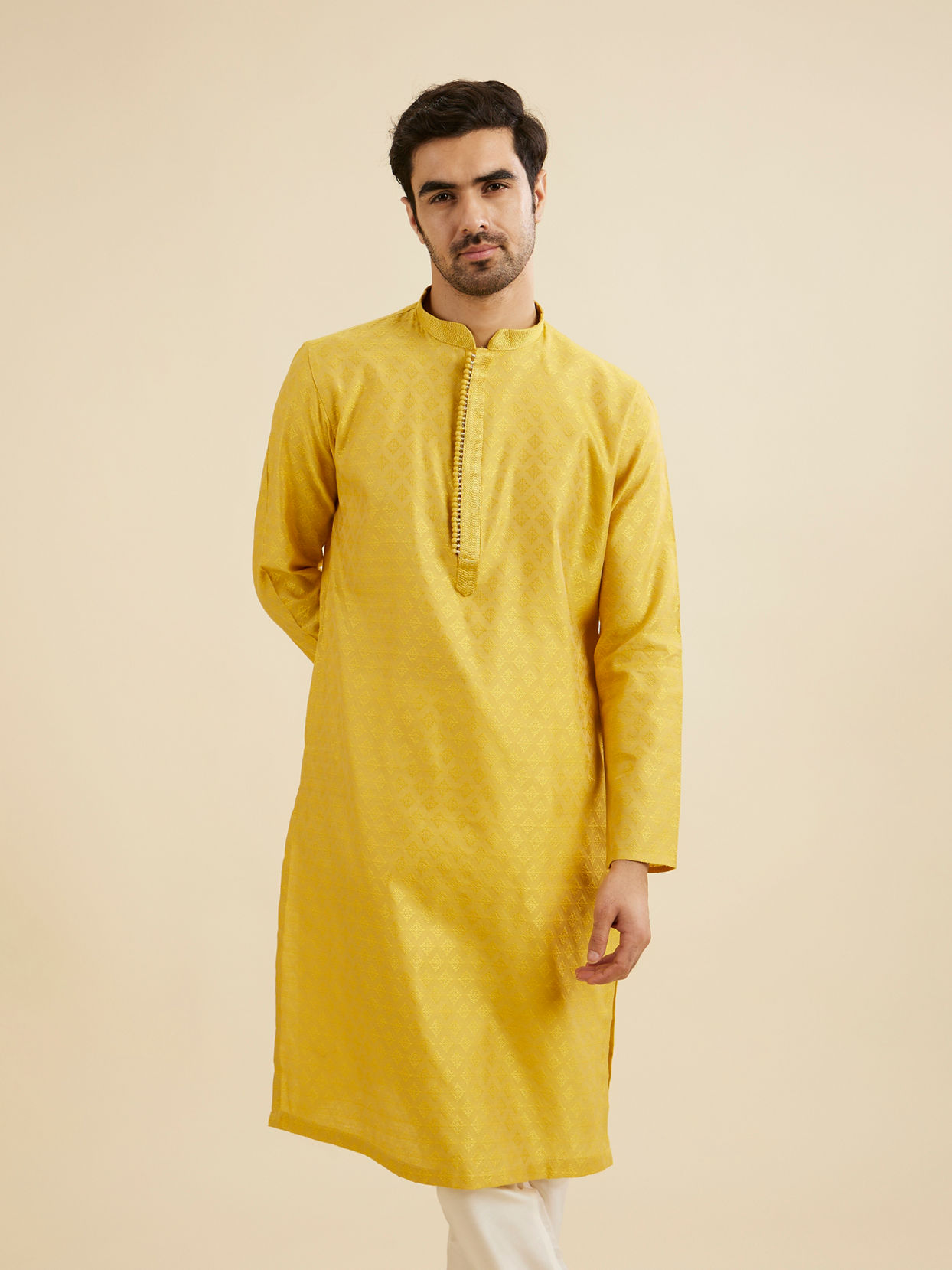 Manyavar Men Mustard Yellow Buta Diamond Patterned Kurta Set