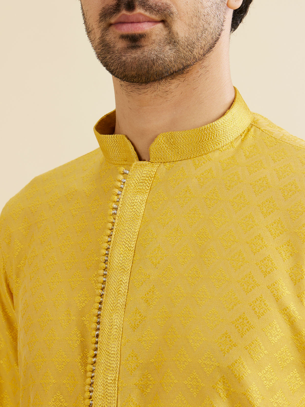Manyavar Men Mustard Yellow Buta Diamond Patterned Kurta Set