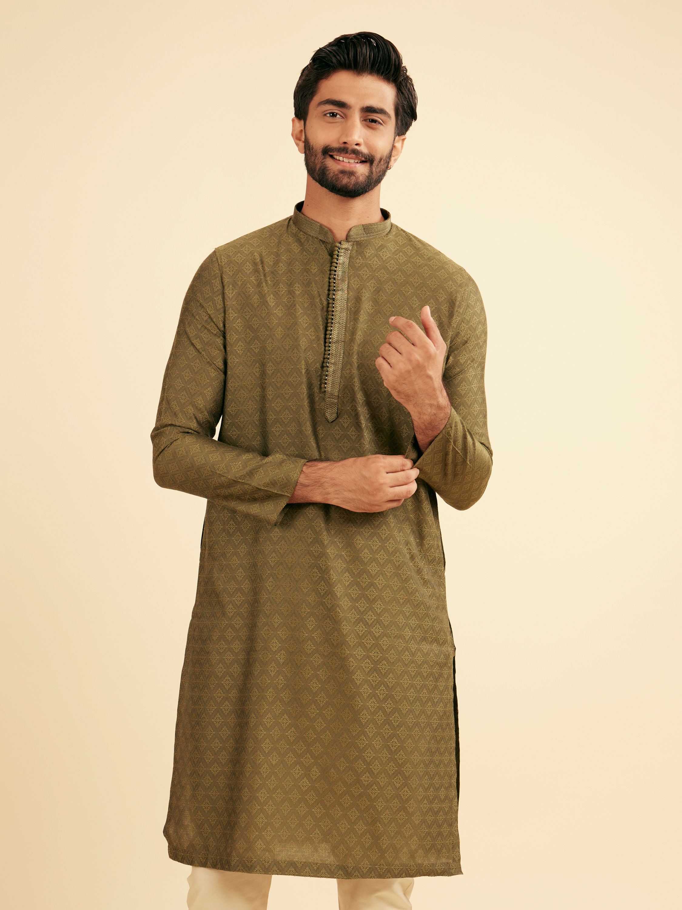 Manyavar Men Olive Green Splendor Kurta Pajama