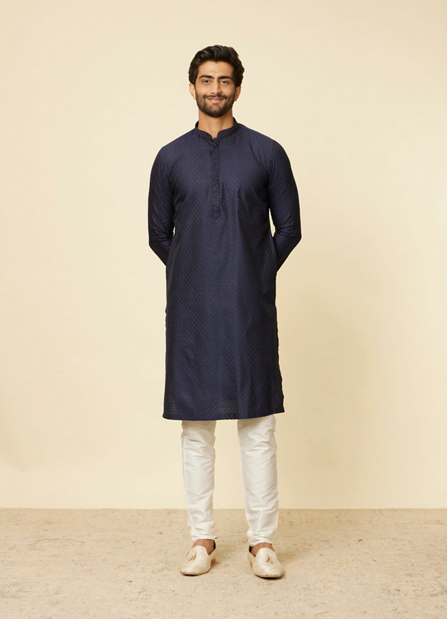 alt message - Manyavar Men Dark Blue Sequined Bandhgala Kurta Set image number 2