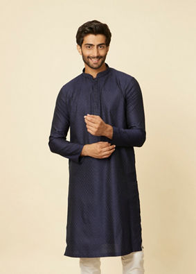 alt message - Manyavar Men Dark Blue Sequined Bandhgala Kurta Set image number 0