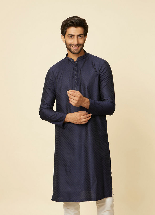 alt message - Manyavar Men Dark Blue Sequined Bandhgala Kurta Set image number 0