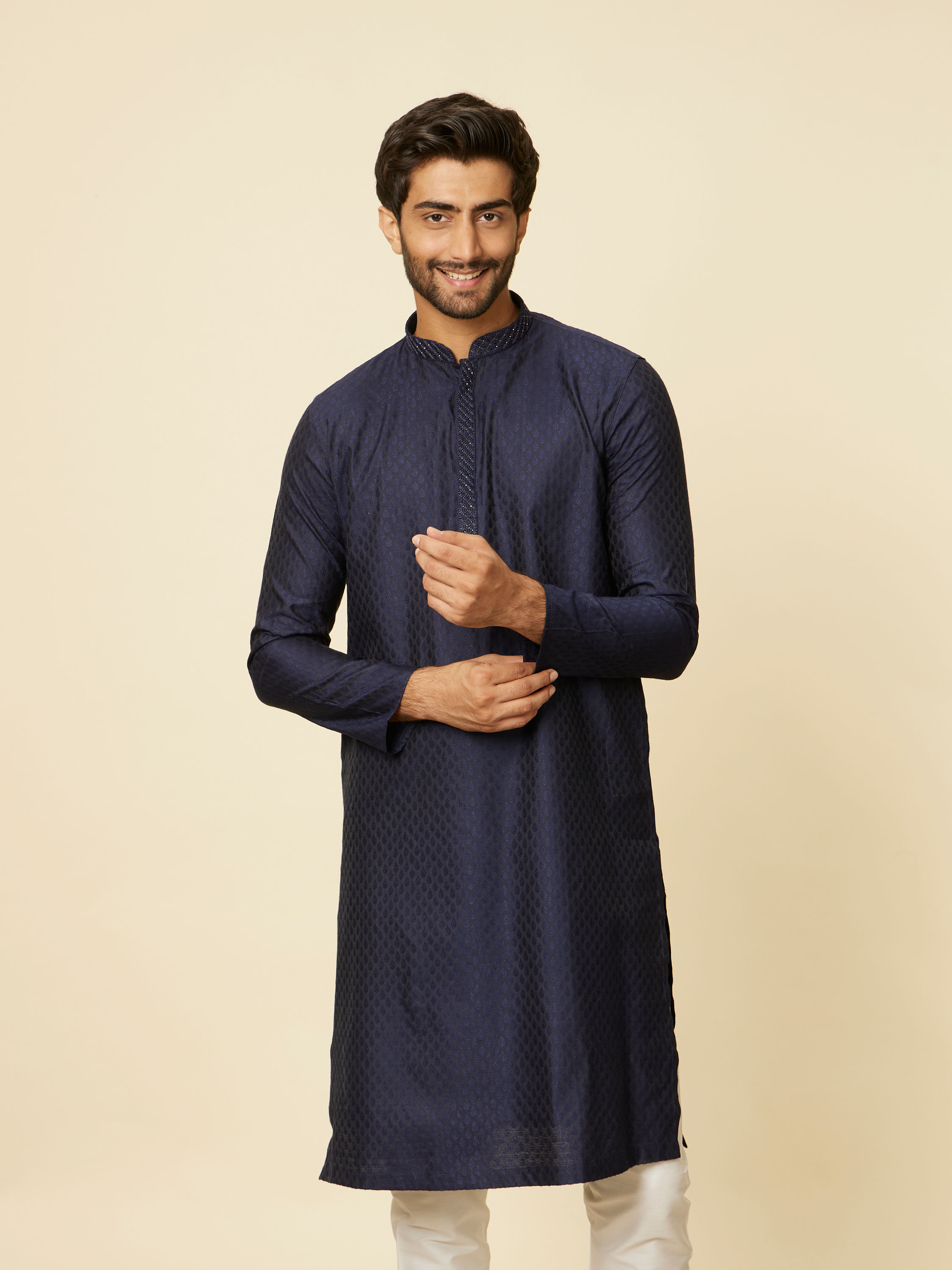 Manyavar Men Dark Blue Sequined Bandhgala Kurta Set