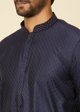 alt message - Manyavar Men Dark Blue Sequined Bandhgala Kurta Set image number 1