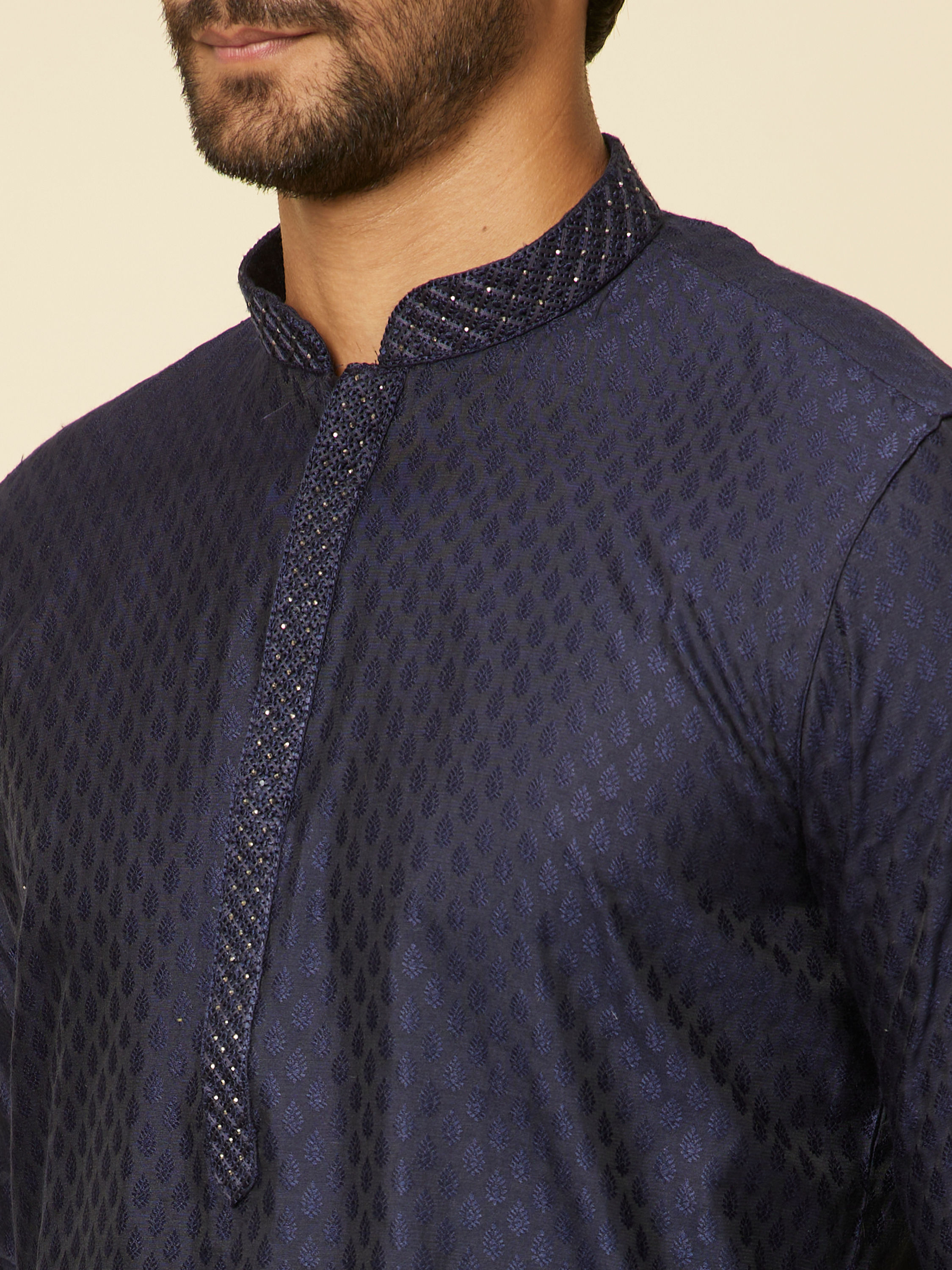 Manyavar Men Dark Blue Sequined Bandhgala Kurta Set