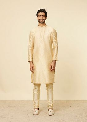 alt message - Manyavar Men Beige Grid Patterned Imperial Kurta Set image number 2