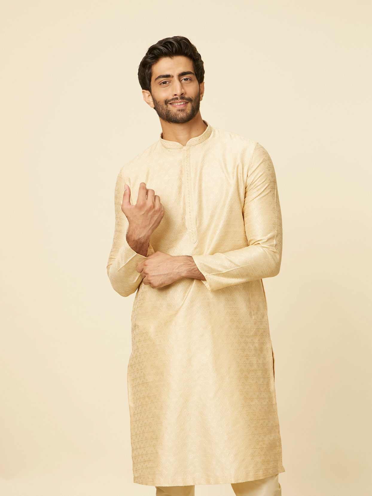 Manyavar Men Beige Grid Patterned Imperial Kurta Set