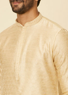 alt message - Manyavar Men Beige Grid Patterned Imperial Kurta Set image number 1