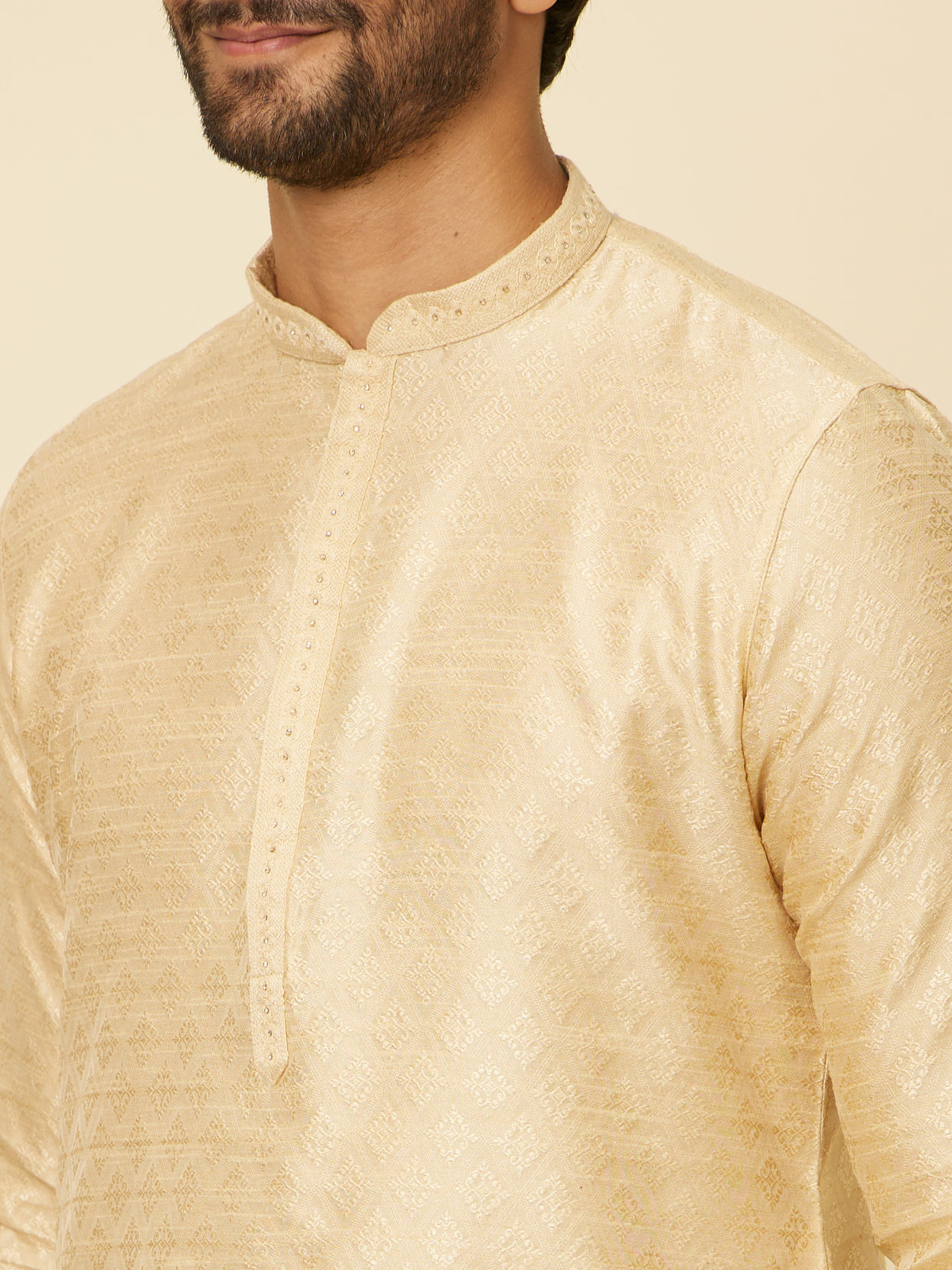 alt message - Manyavar Men Beige Grid Patterned Imperial Kurta Set image number 1