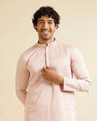 Manyavar Men Light Pink Plain Kurta Set with Neck Embroidery