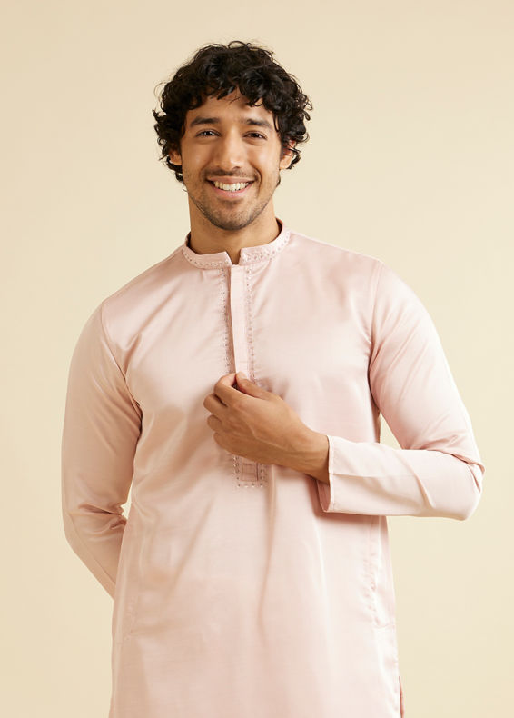 Manyavar Men Light Pink Plain Kurta Set with Neck Embroidery