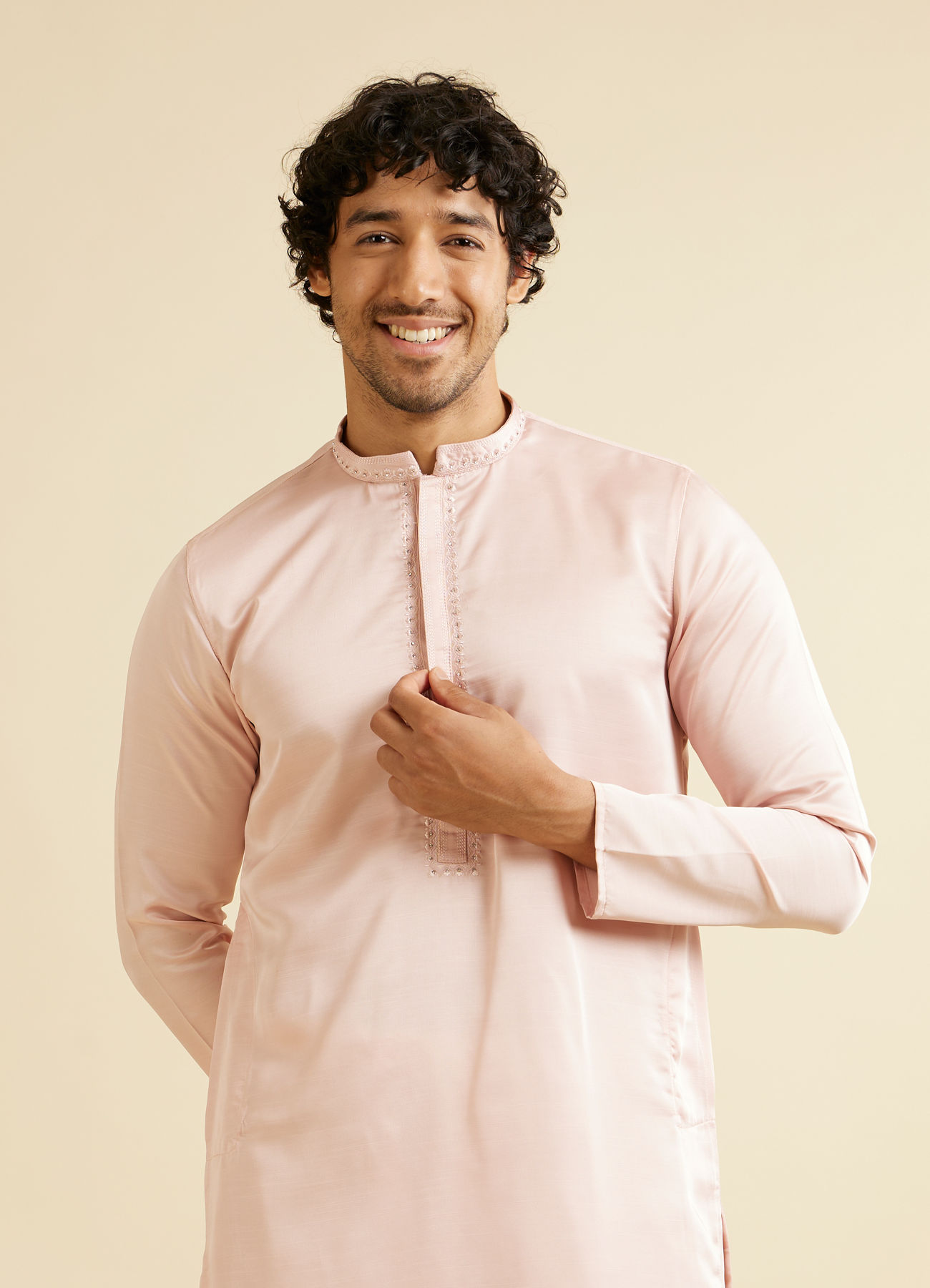 Manyavar Men Light Pink Plain Kurta Set with Neck Embroidery