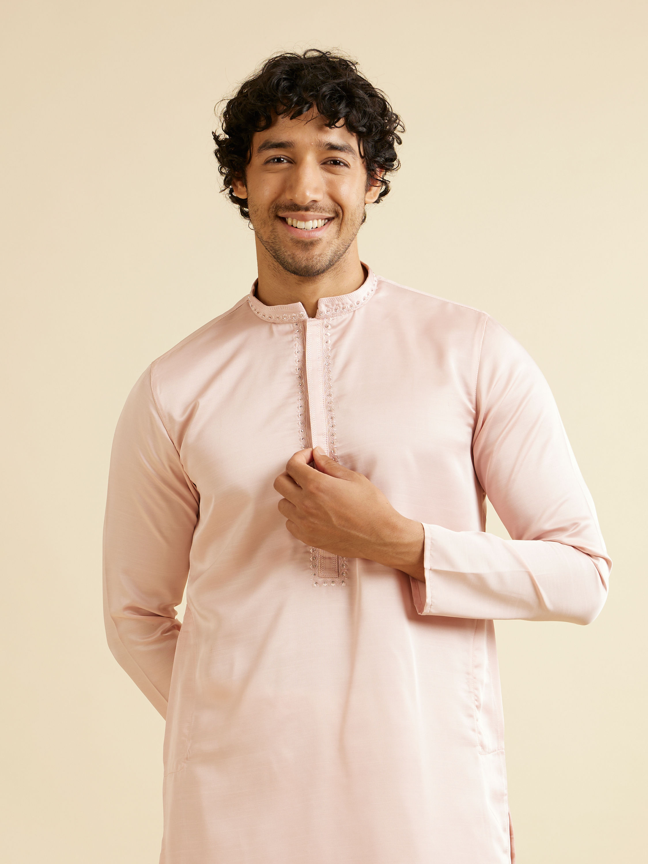 Manyavar Men Light Pink Plain Kurta Set with Neck Embroidery