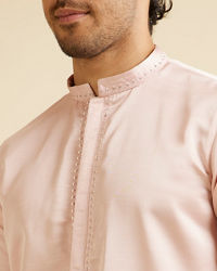 Manyavar Men Light Pink Plain Kurta Set with Neck Embroidery