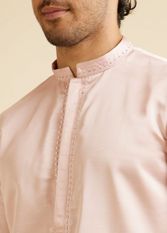 Manyavar Men Light Pink Plain Kurta Set with Neck Embroidery