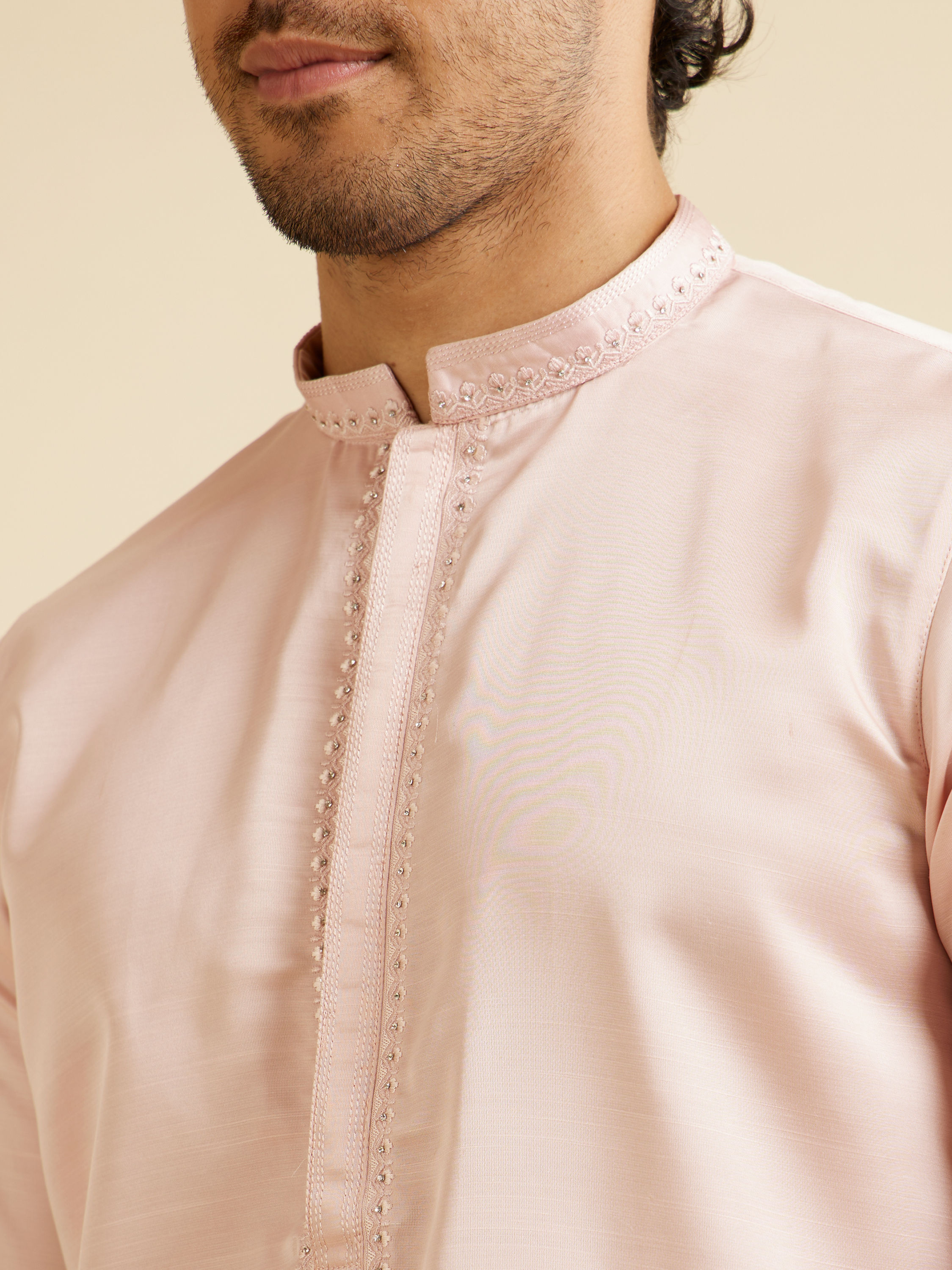 Manyavar Men Light Pink Plain Kurta Set with Neck Embroidery