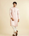 Manyavar Men Light Pink Plain Kurta Set with Neck Embroidery