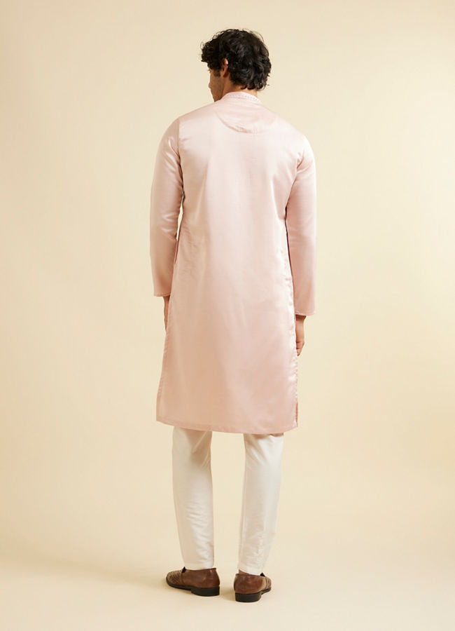 Manyavar Men Light Pink Plain Kurta Set with Neck Embroidery