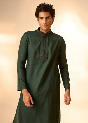 Manyavar Men Dark Green Bel Buti Patterned Kurta Set