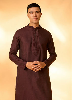 Manyavar Men Wine Red Bel Buti Patterned Kurta Set