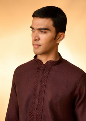 Manyavar Men Wine Red Bel Buti Patterned Kurta Set