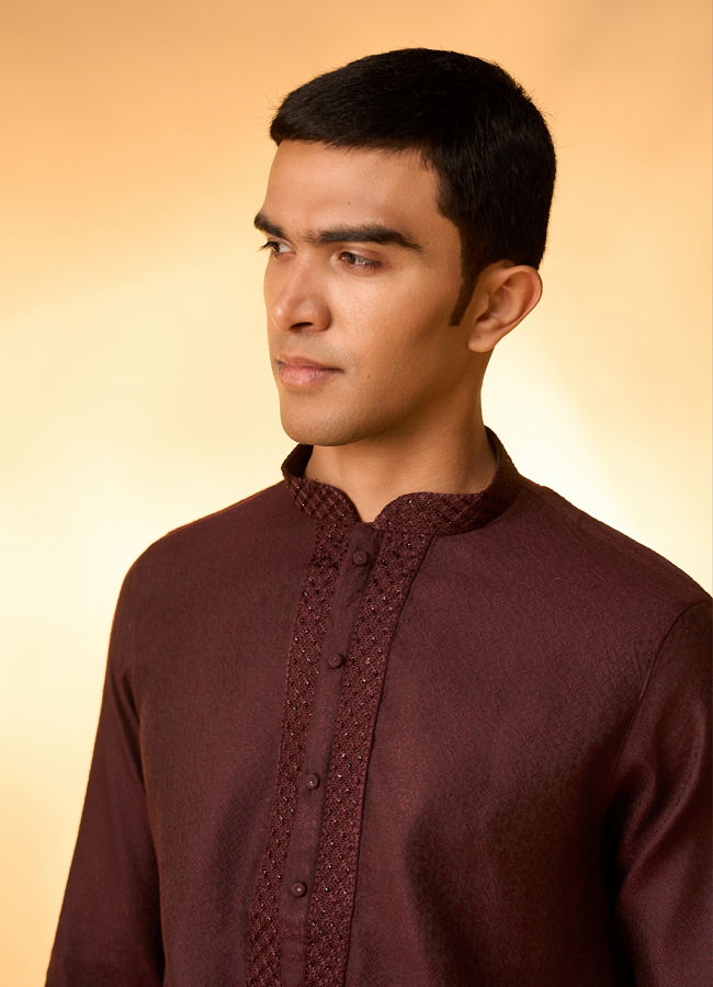 Manyavar Men Wine Red Bel Buti Patterned Kurta Set