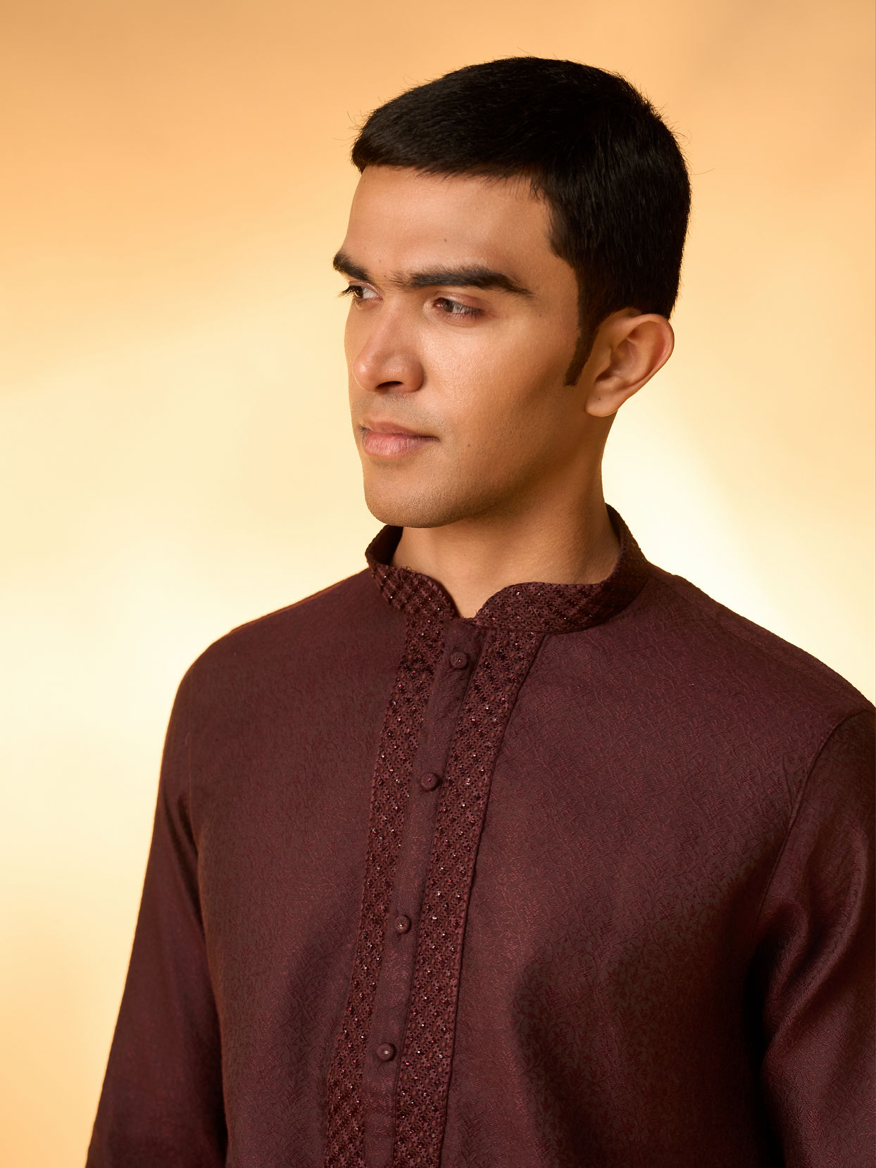 Manyavar Men Wine Red Bel Buti Patterned Kurta Set