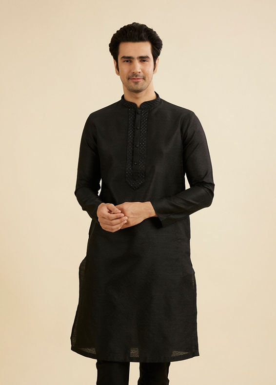 Manyavar Men Midnight Black Bel Buti Patterned Kurta Set