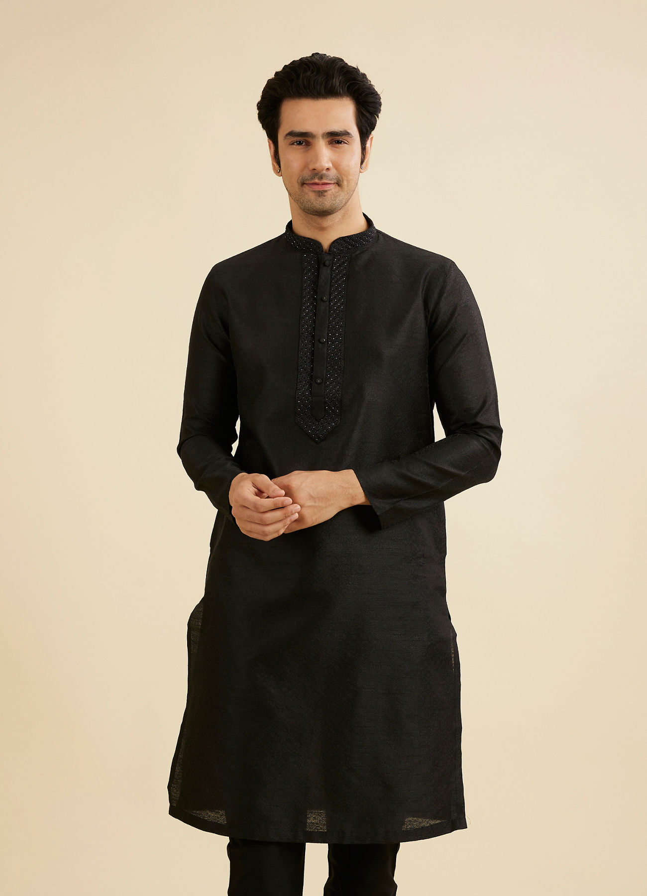 Manyavar Men Midnight Black Bel Buti Patterned Kurta Set