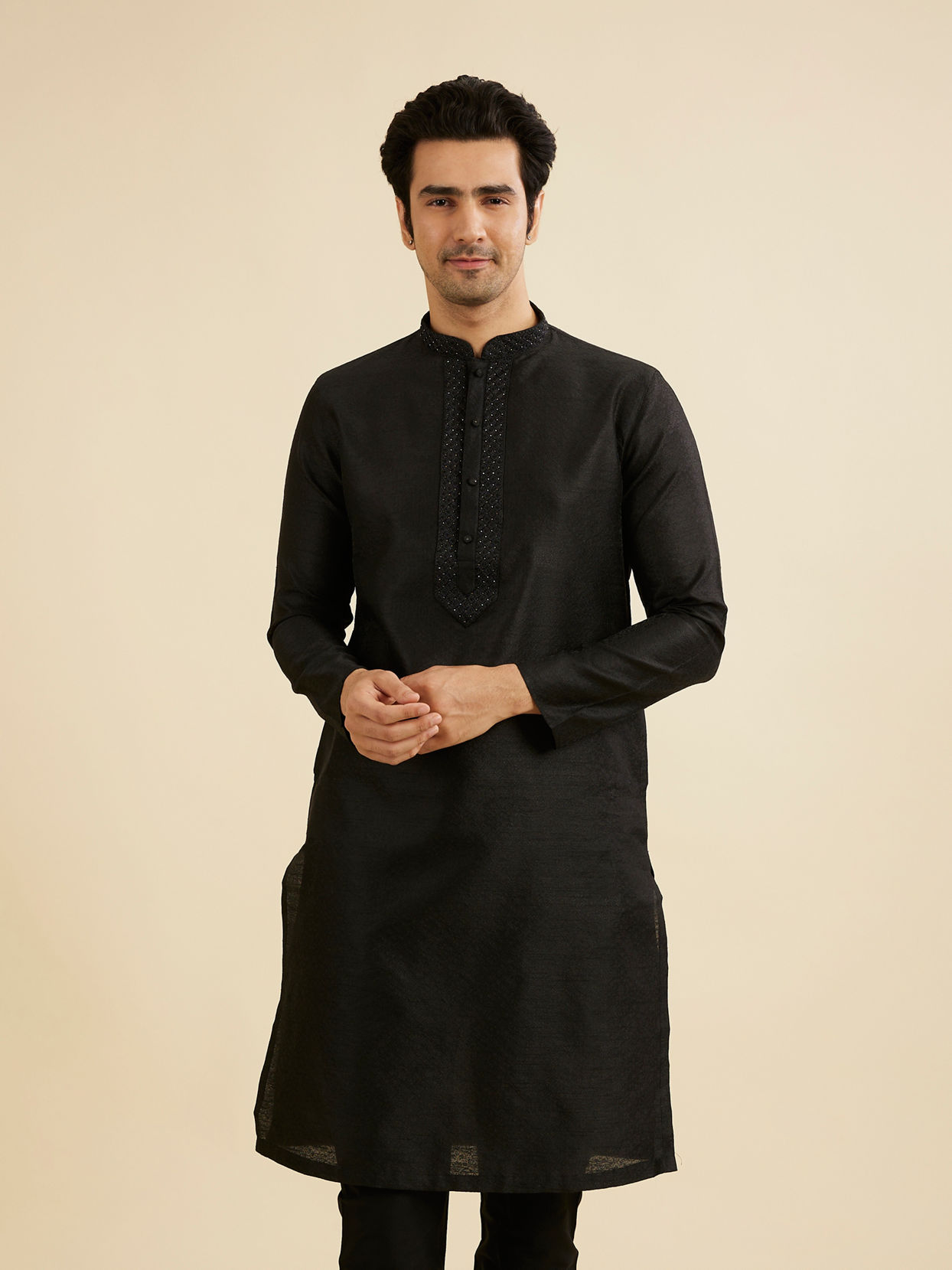 Manyavar Men Midnight Black Bel Buti Patterned Kurta Set