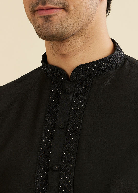 Manyavar Men Midnight Black Bel Buti Patterned Kurta Set