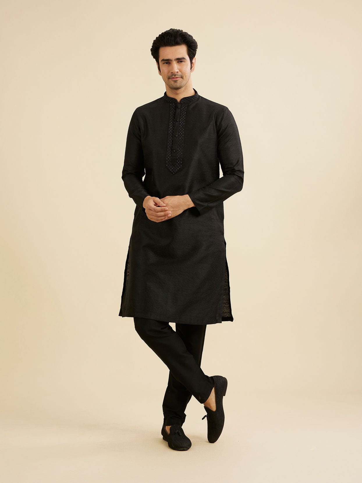 Manyavar Men Midnight Black Bel Buti Patterned Kurta Set