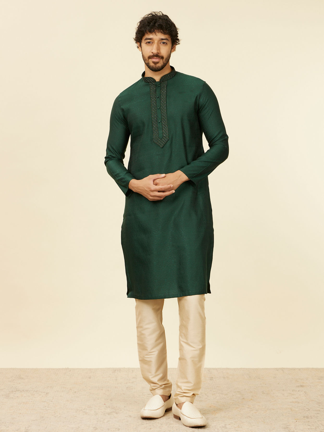 Manyavar Men Dark Green Bel Buti Patterned Kurta Set