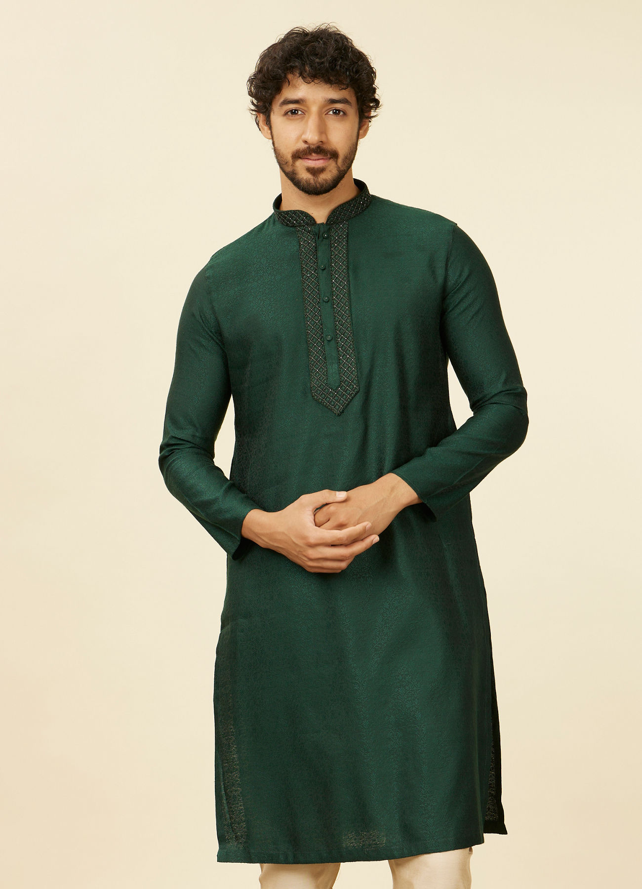 Manyavar Men Dark Green Bel Buti Patterned Kurta Set