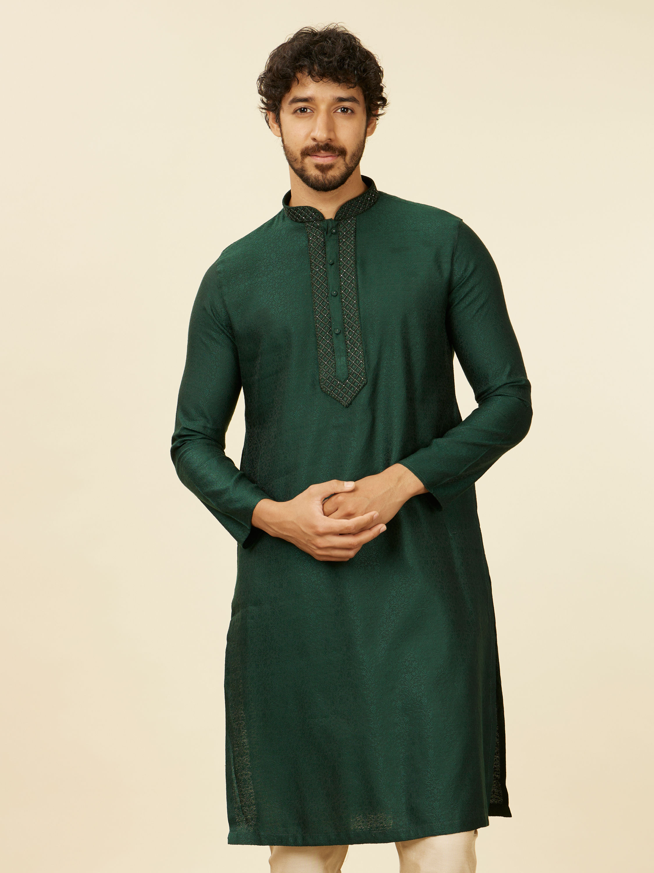 Manyavar Men Dark Green Bel Buti Patterned Kurta Set