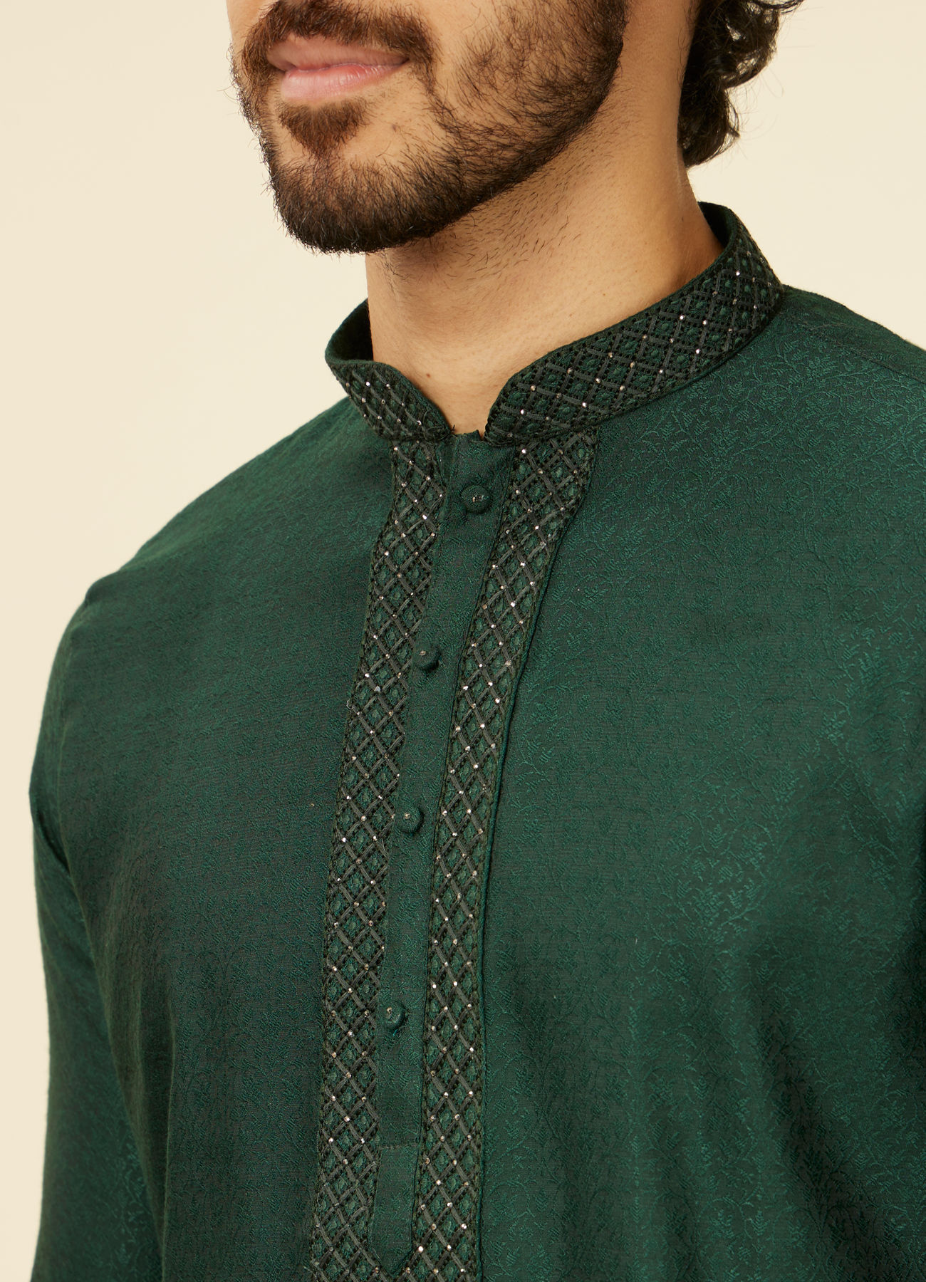 Manyavar Men Dark Green Bel Buti Patterned Kurta Set