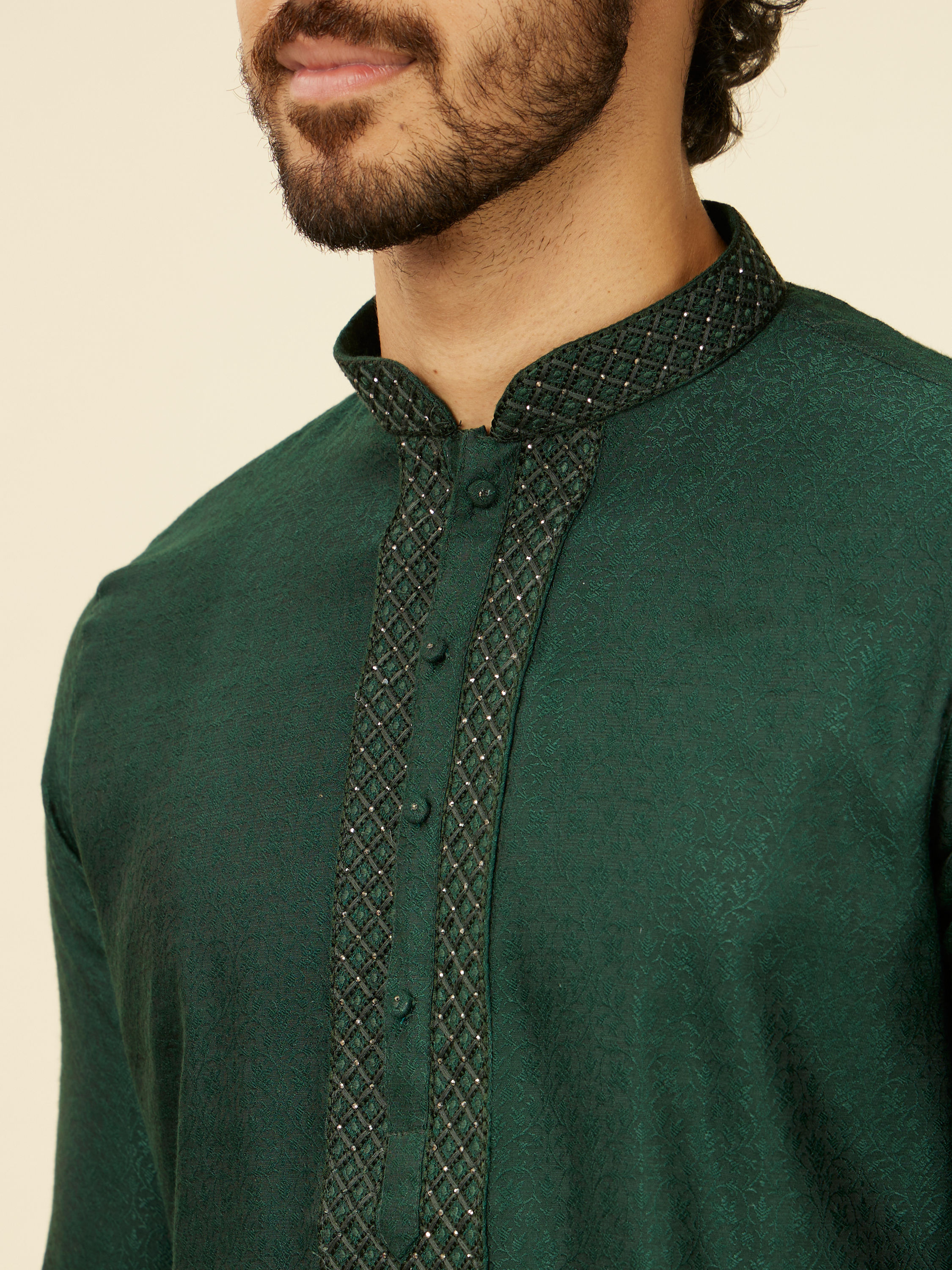 Manyavar Men Dark Green Bel Buti Patterned Kurta Set