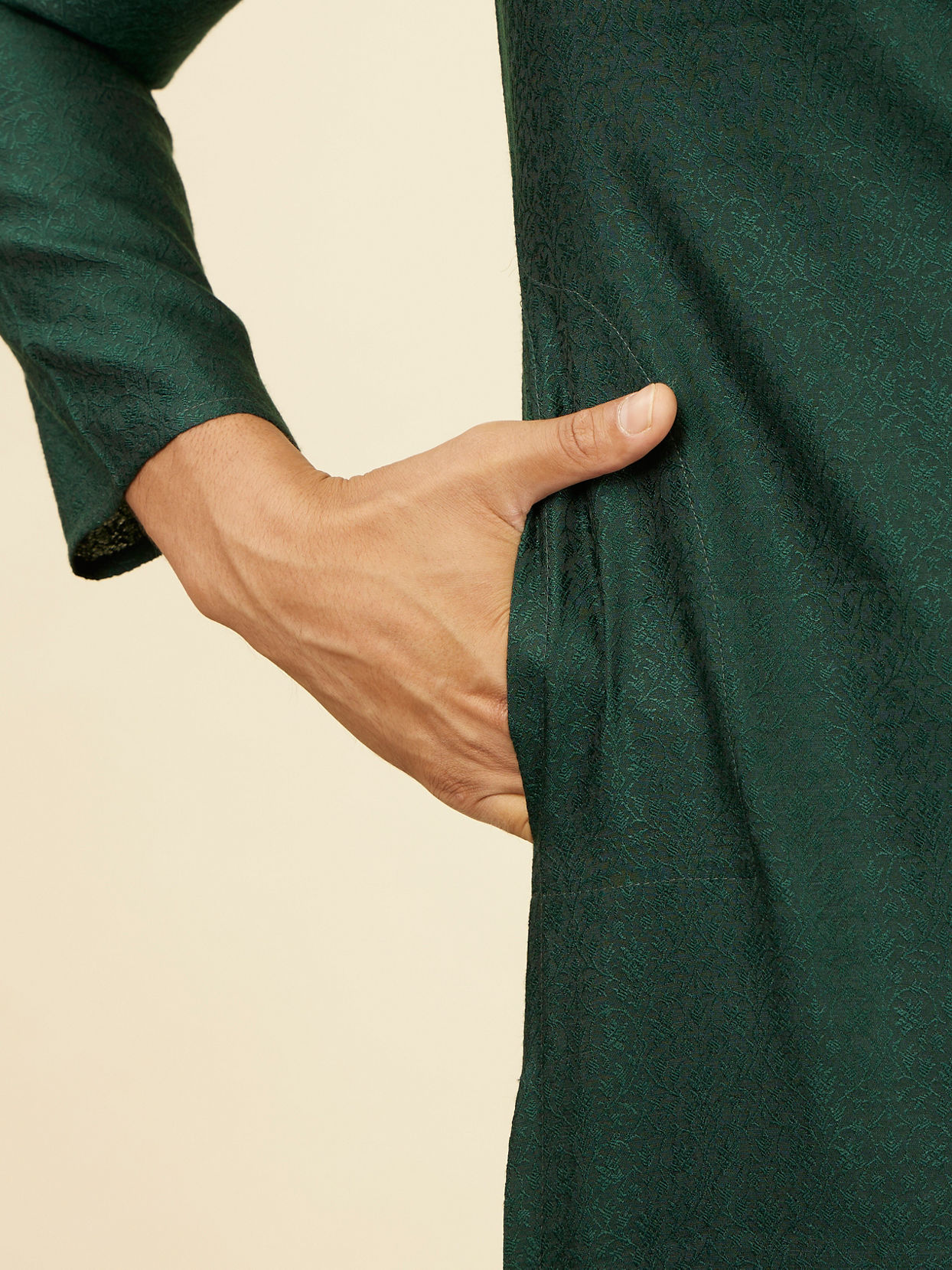 Manyavar Men Dark Green Bel Buti Patterned Kurta Set